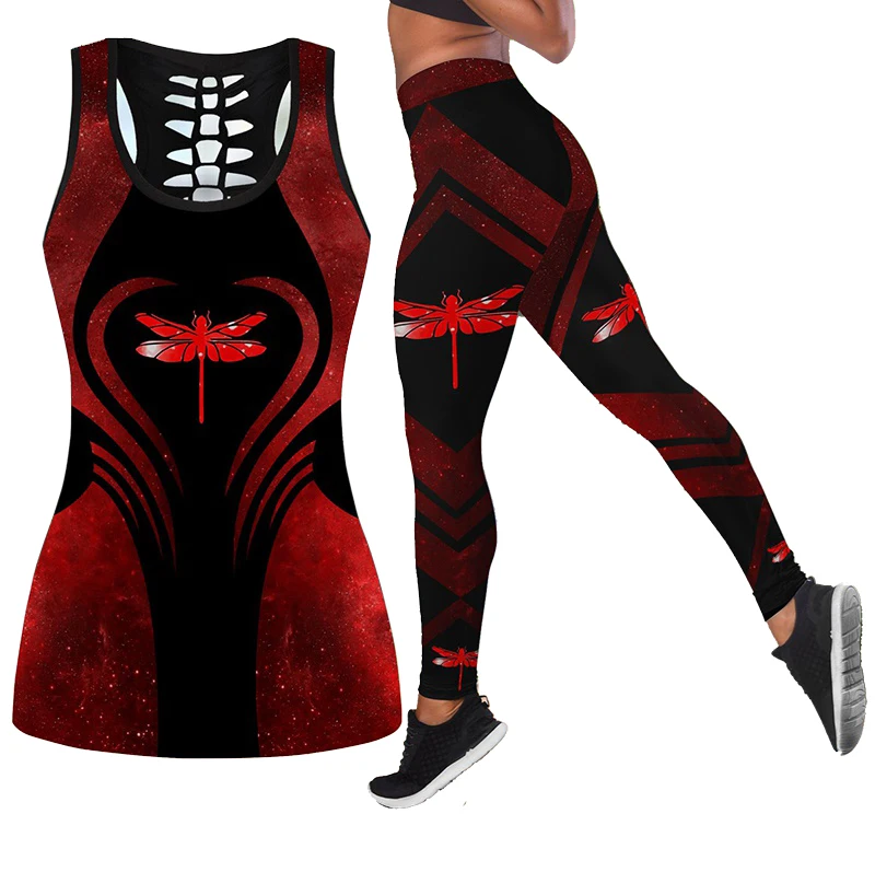 

Women's Slim Dragonfly Tattoo Art Combo Tank Top + Legging Fitness Leggings Stretch High Waist Pants Set
