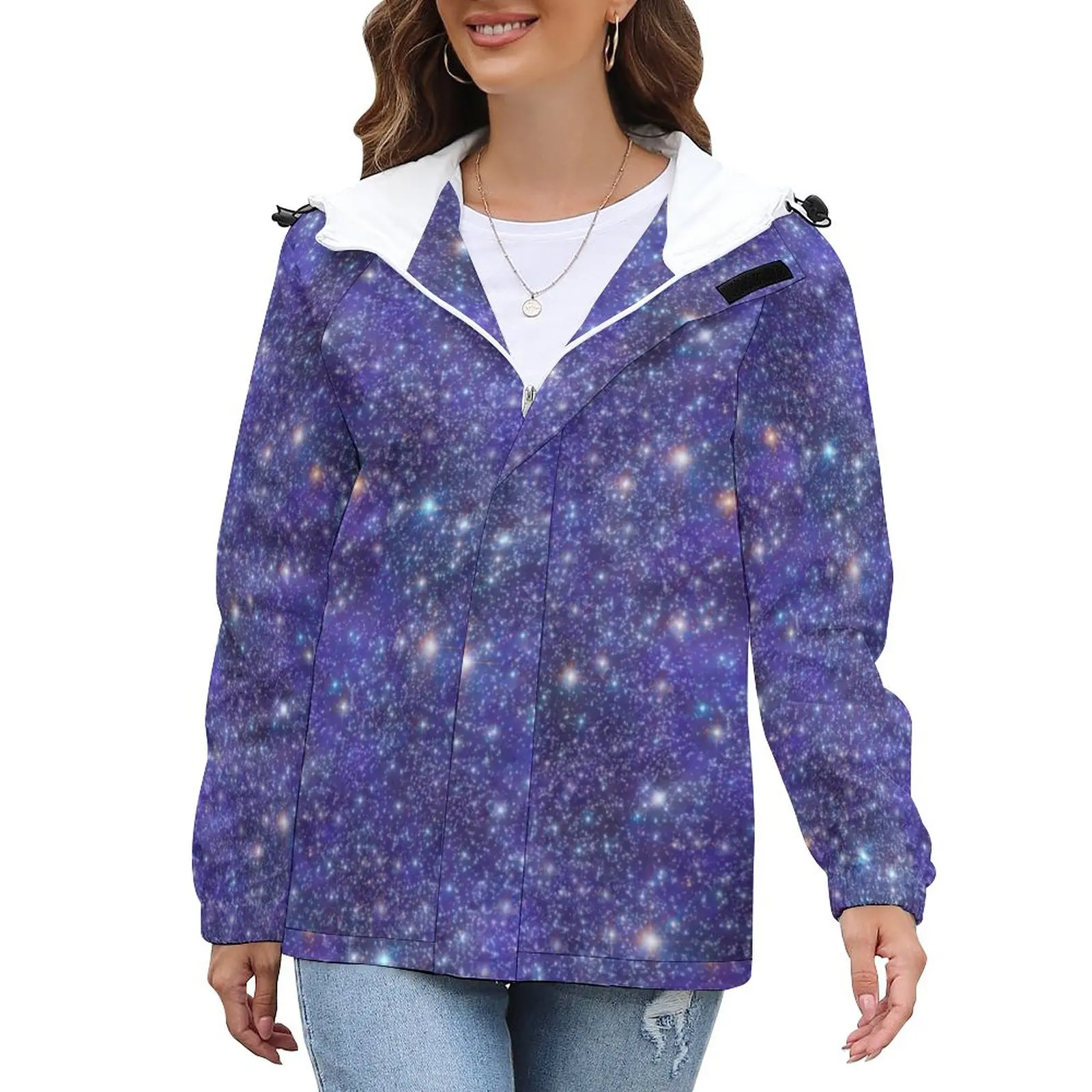 

Куртка женская с принтом звездной ночи, элегантная повседневная свободная Водонепроницаемая Куртка с синими галактическими звездами, Одеж...