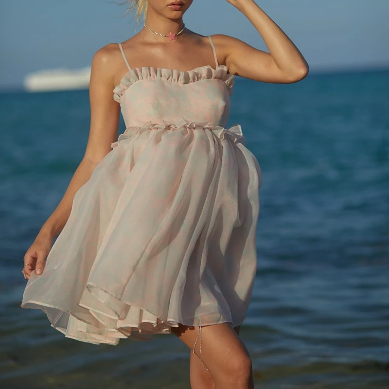 Женское летнее платье с открытой спиной милое мини-платье оборками элегантное