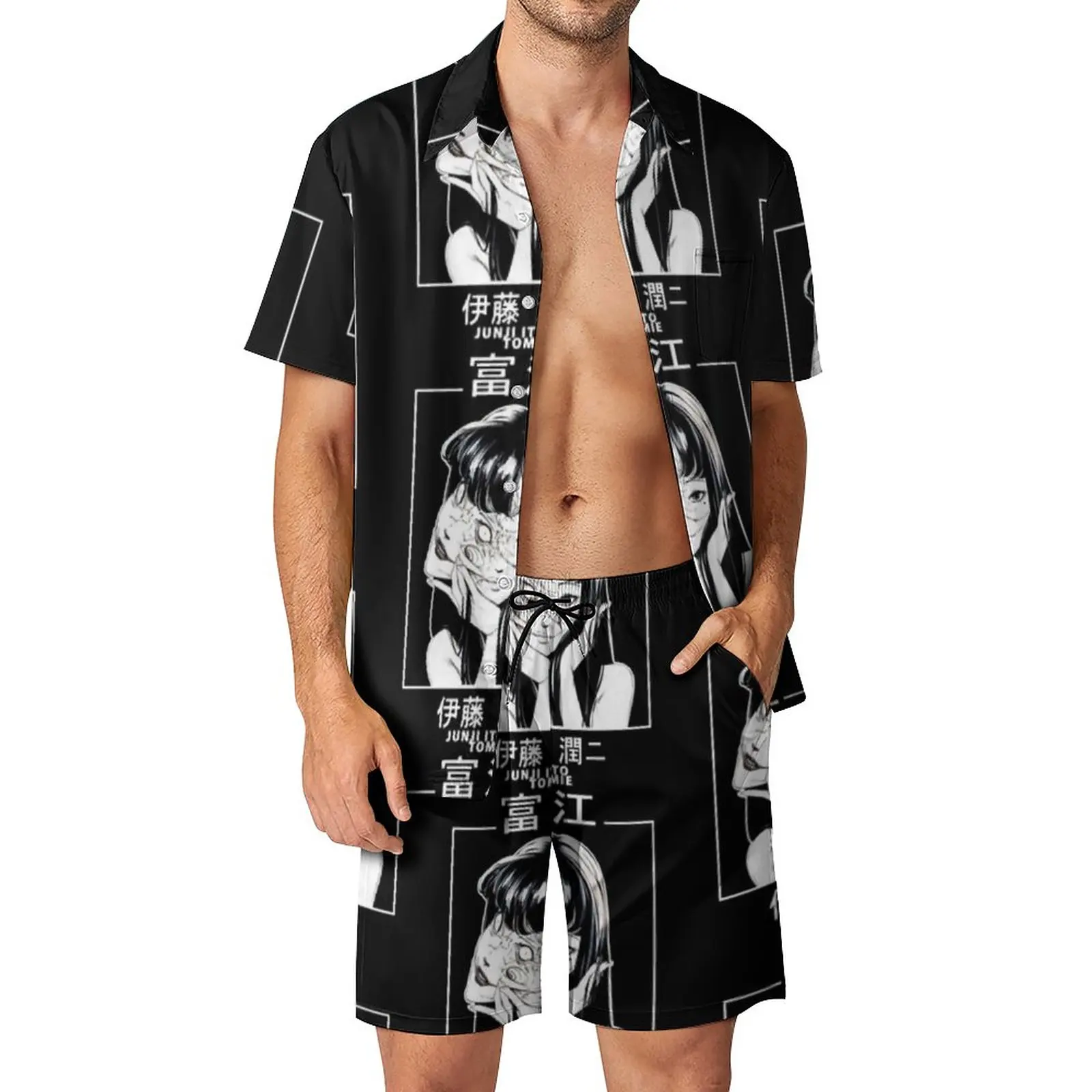 

Костюм Junji Ito мужской летний, Повседневная рубашка и шорты с японским мультяшным принтом Гаваи, страшный уличный костюм для фитнеса с короткими рукавами, 2XL 3XL