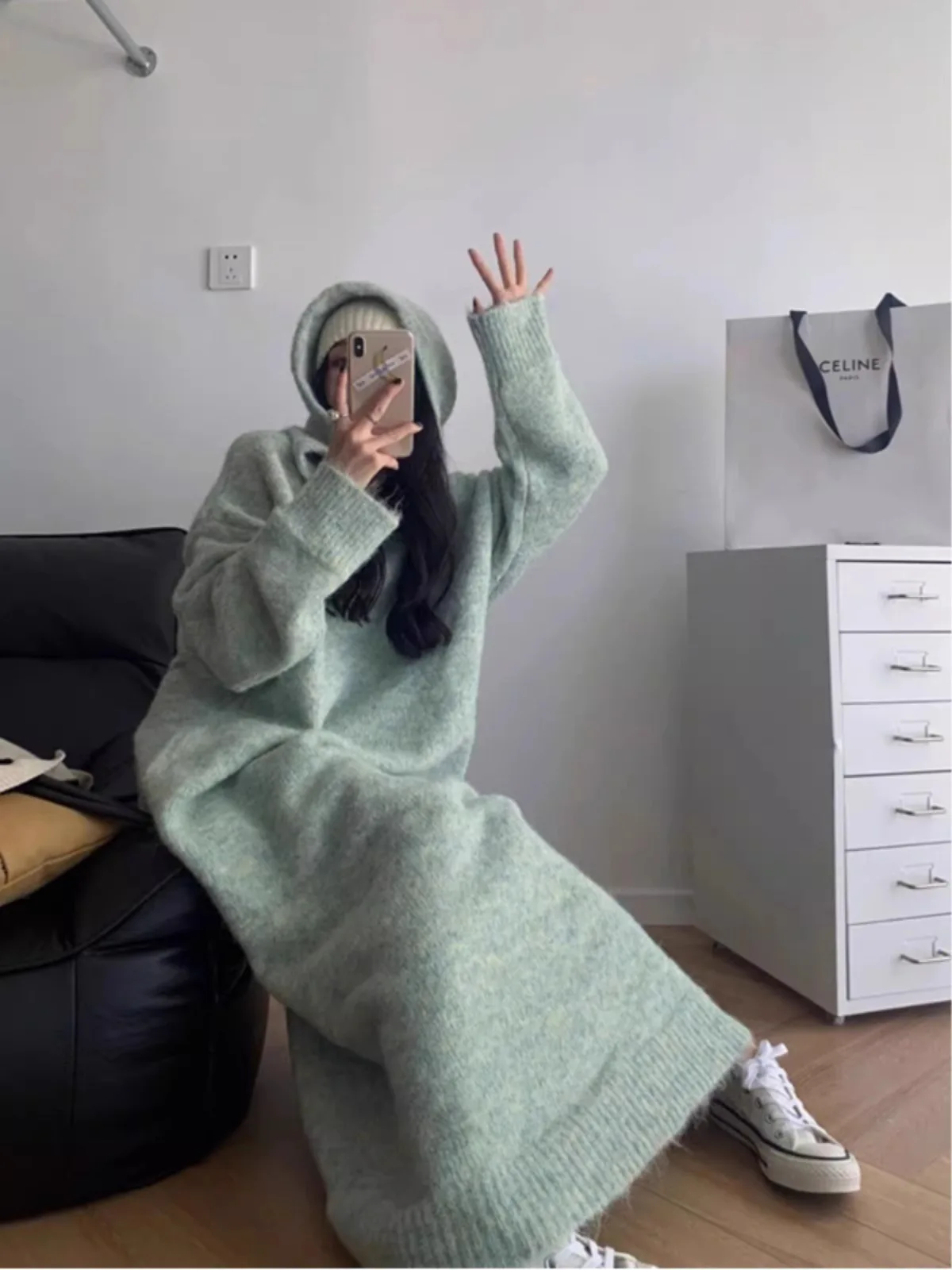 Plus Size Plus size Hood Knitted dress Women Autumn and Winter Chubby Girl .00 Kg-50.00 kg Loose Slimming Pregnant Long...