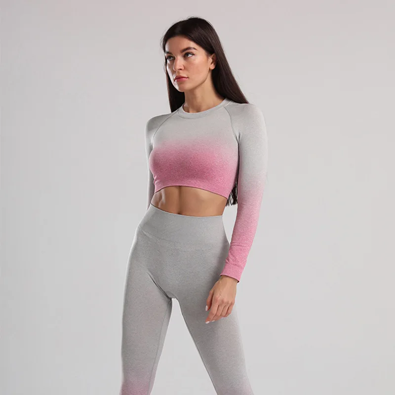 

Fashion Gradient Yoga Suit for Women Butt-lifting Hip Trousers Navel Sexy Gym Top Quick-drying Sports Yoga Clothes Fitness Suit