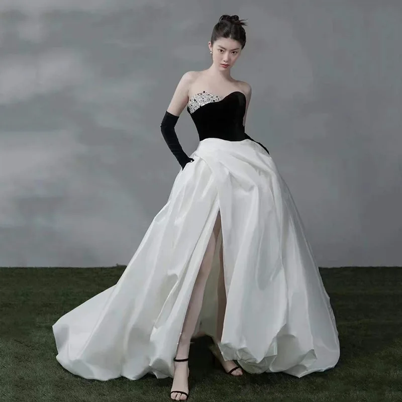 

Элегантное вечернее платье принцессы для помолвки без бретелек без рукавов со шлейфом атласное с разрезом комбинированное платье для вечеринки