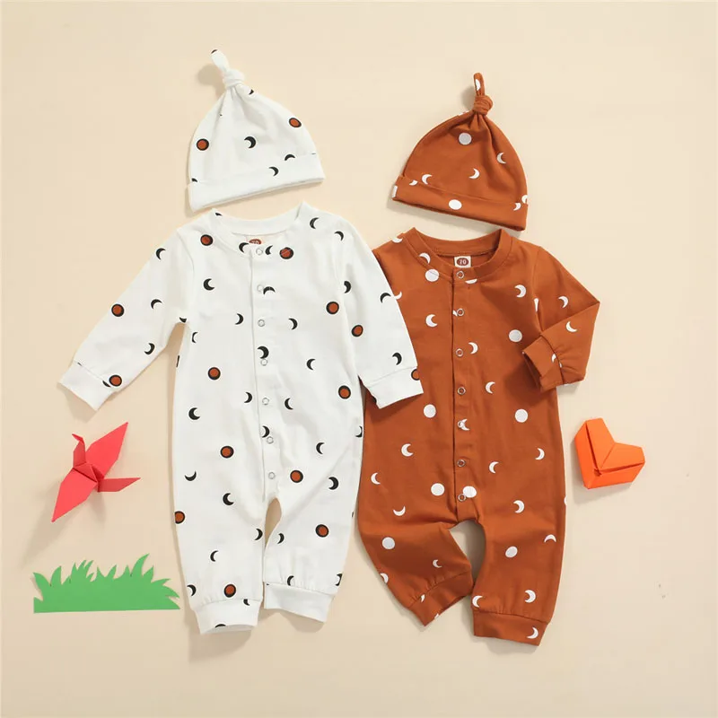 

Pudcoco 2PCS 0-18M Baby Girls Boys Fall Outfits Infant Long Sleeve Romper Moon Print Loose Jumpsuit+Hat Toddler Clothing