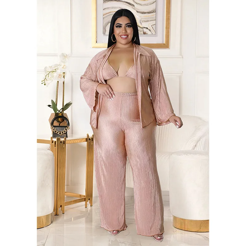 Fall  2022  European and American Plus Size Women's Solid Color Pleated Short Suspender Top Coat Wide Leg Pants Sexy 3-piece Set
