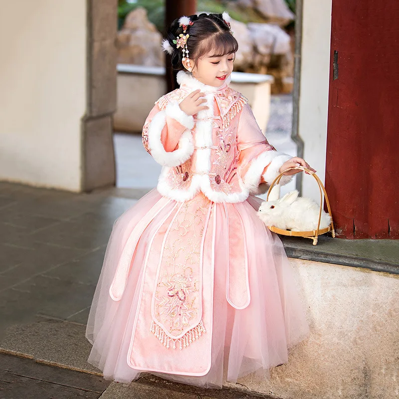 Зимнее теплое платье Hanfu для девочек с вышивкой в стиле ретро традиционное