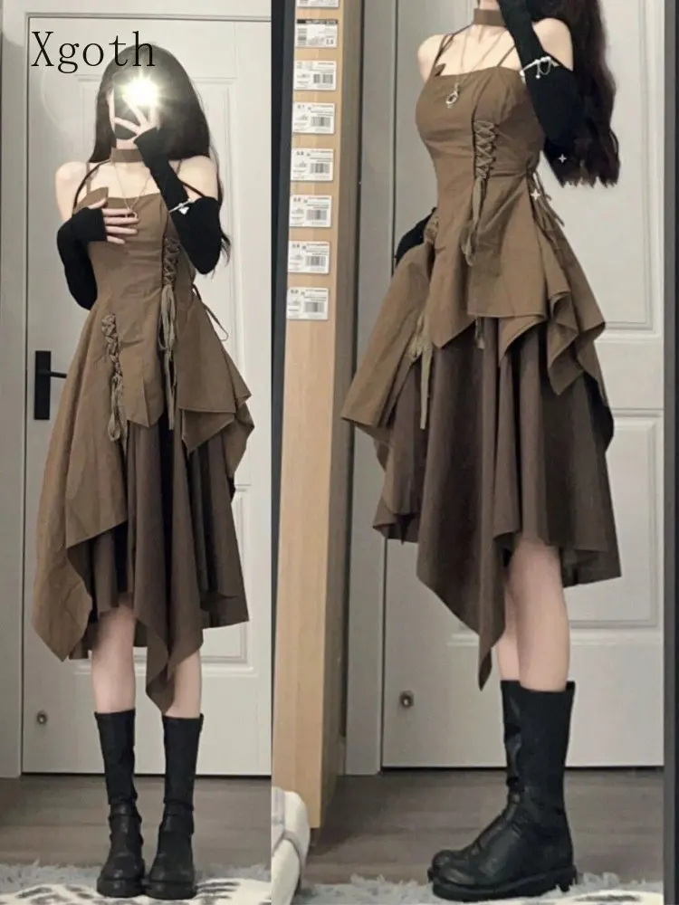 Xgoth женское коричневое платье на бретельках 2022 летняя новая французская