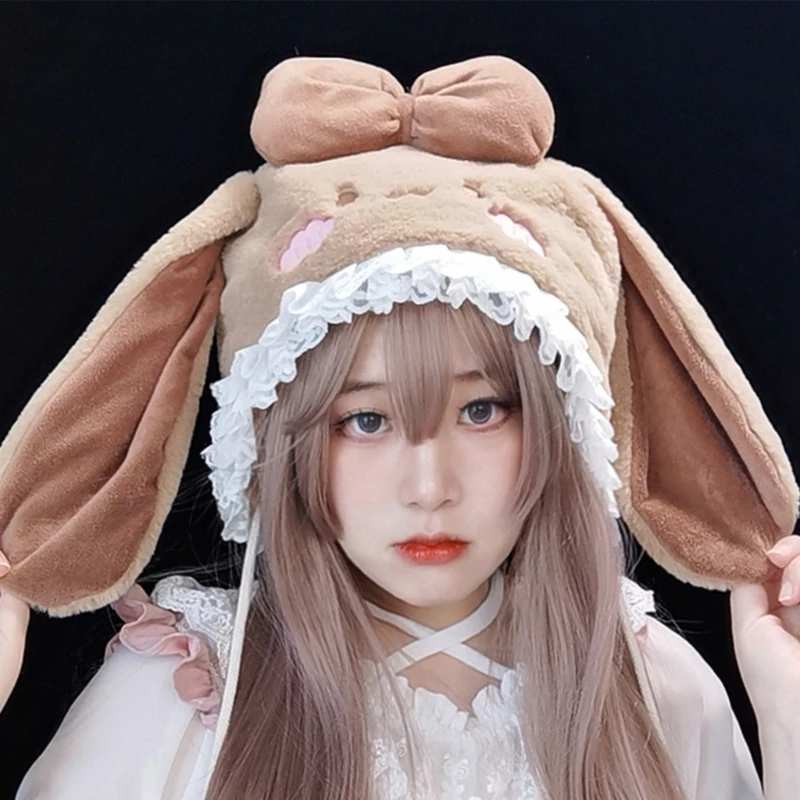 

40GC Lace Brim Bunny Ear Shape Hat Fluffy Winter Ear Protects Plush Hat Cold Winter Cute Presents for Girlfriend Teenagers