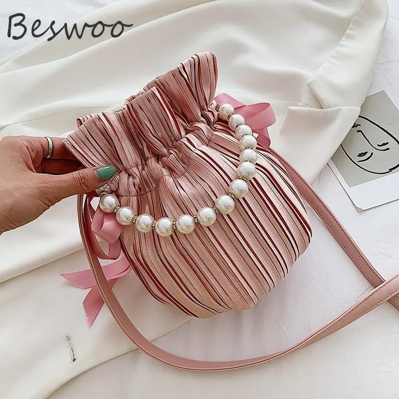 

Women's Bag 2023 New Elegant Beading Bucket Bag Drawstring Designer Luxury Handbags Female Trend Shoulder Crossbody Bags Purses