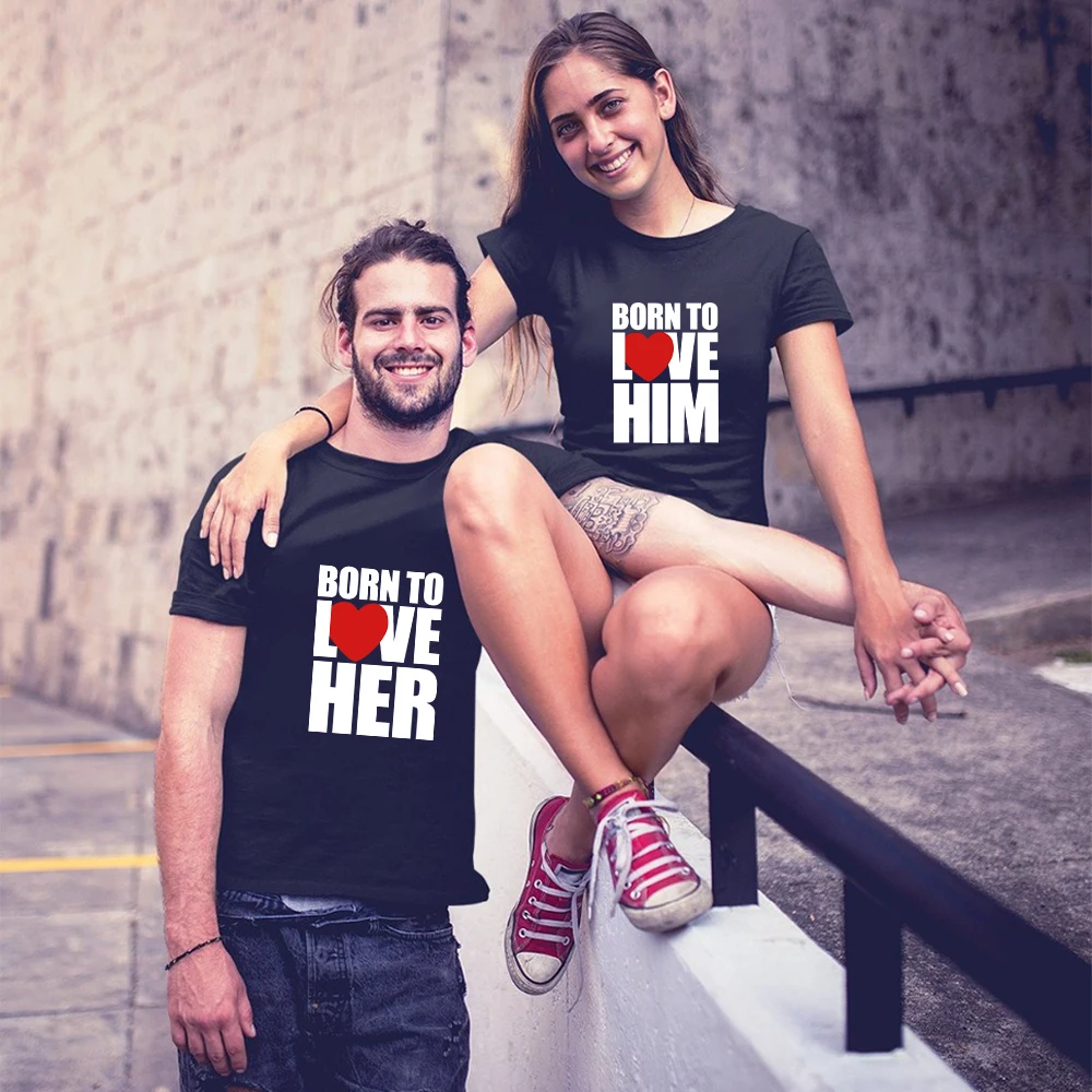 Women T-Shirt Born to Live Her Print Summer Couples Tee Lovers Casual Cute Valentine Top Men Streetwear Anniversary Gift