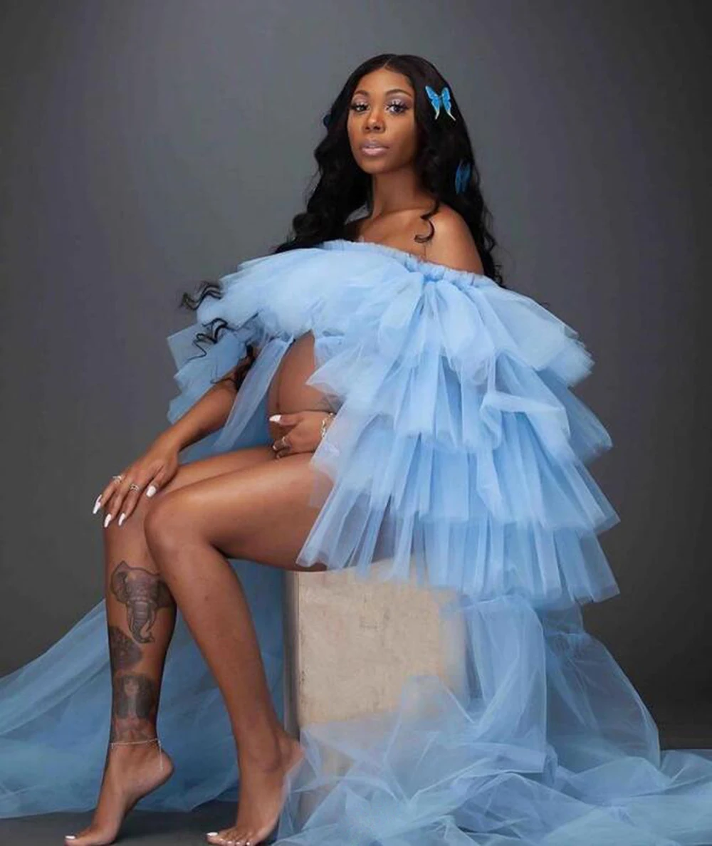 

Unique Sky Blue Prom Dresses Robes for Photo Shoot or Baby Shower Custom Made Sexy Maternity Photoshoot Fluffy Tiered Bathrobe