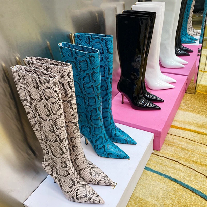 Woman Snake Print High Heels Long Boots Shoes Ladies Gladiator Pumps Pointed Toe Luxury Fashion Stiletto Knee Boots
