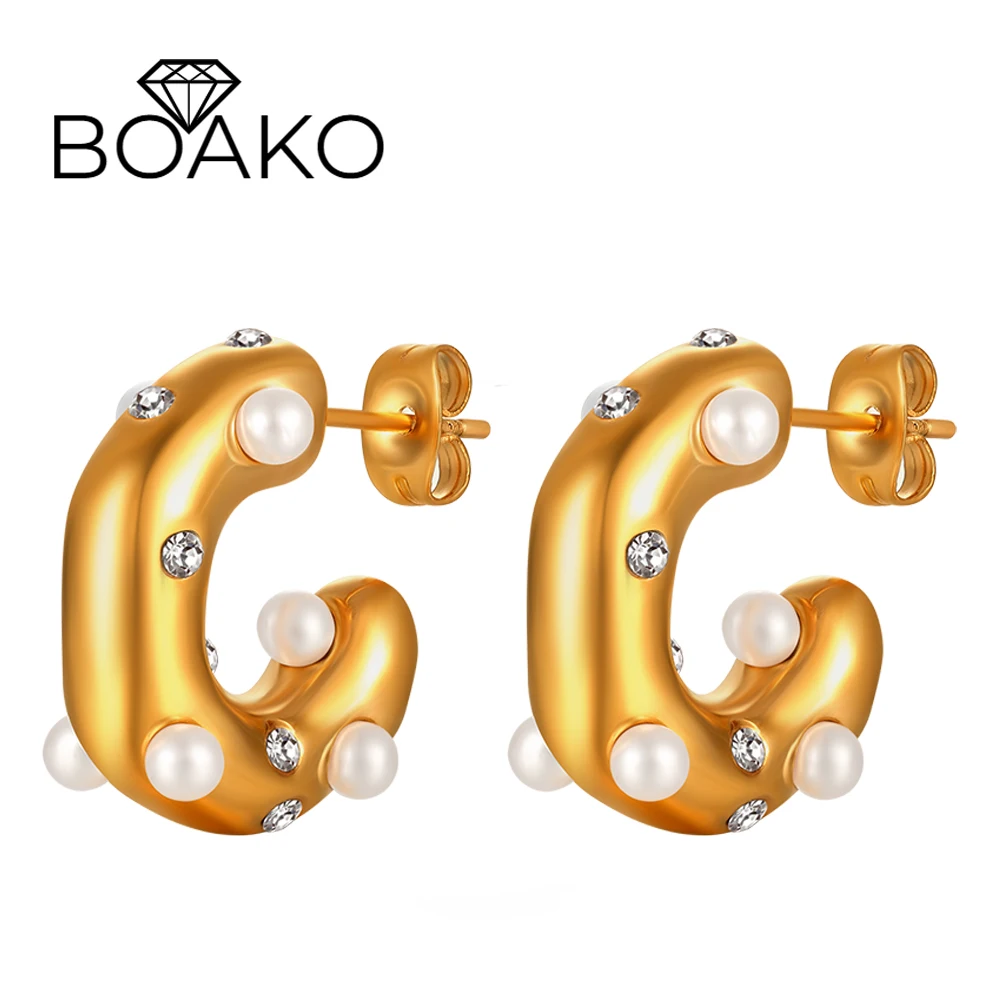 

BOAKO 18K Gold Plated C-shaped Stud Earrings Micro Inlaid Cubic Zircon 316L Stainless Steel Earring For Women Anniversary Jewerl