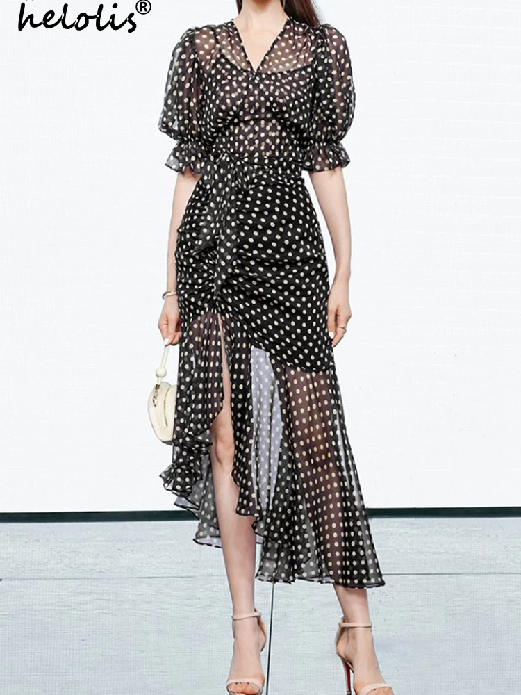 

Helolis French Vintage Irregular Dot Print Chiffon Dresses for Women 2023 New In V Neck Drawstring Lantern Sleeve Split Dress