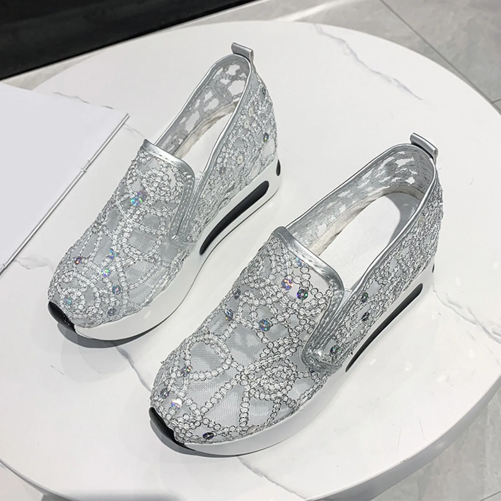 

Female Wedge Shoes Sequin Mesh Breathable Shoes Women Gold Silver Platform Sneakers Women Height Increasing Wedges Casual Shoes
