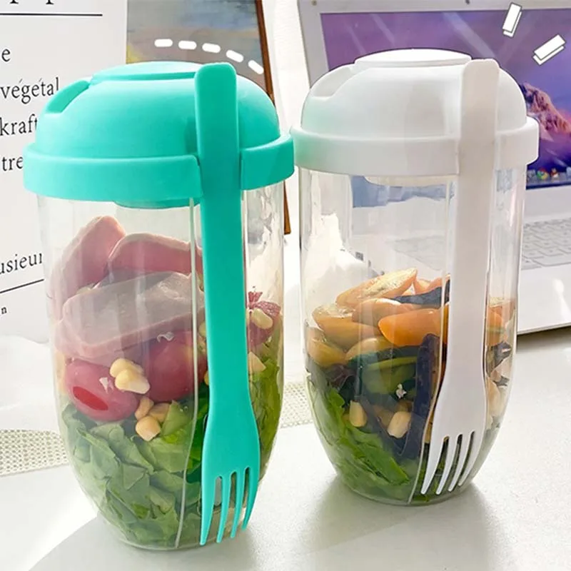 Portable Salad Cup Breakfast Oatmeal Bowl With Fork Lunch Box With Sauce Cup Lid Yogurt Cereal Milk Salad Container Bento Box