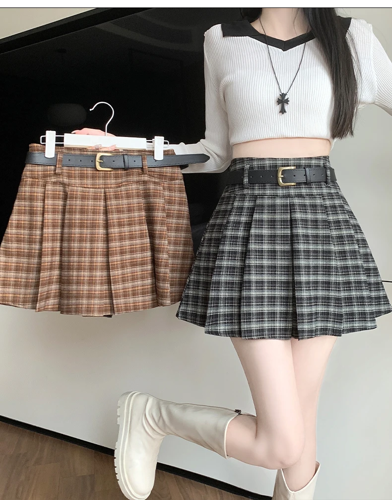 Осень-зима 2024 новая Женская Ретро Юбка в клетку плиссированная юбка с высокой