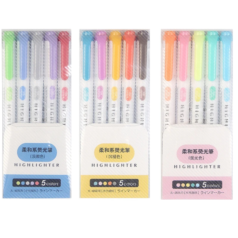 

5 Colors/box Double Headed Highlighter Pen Set Fluorescent Markers Highlighters Pens Art Marker Japanese Cute Kawaii Stationery