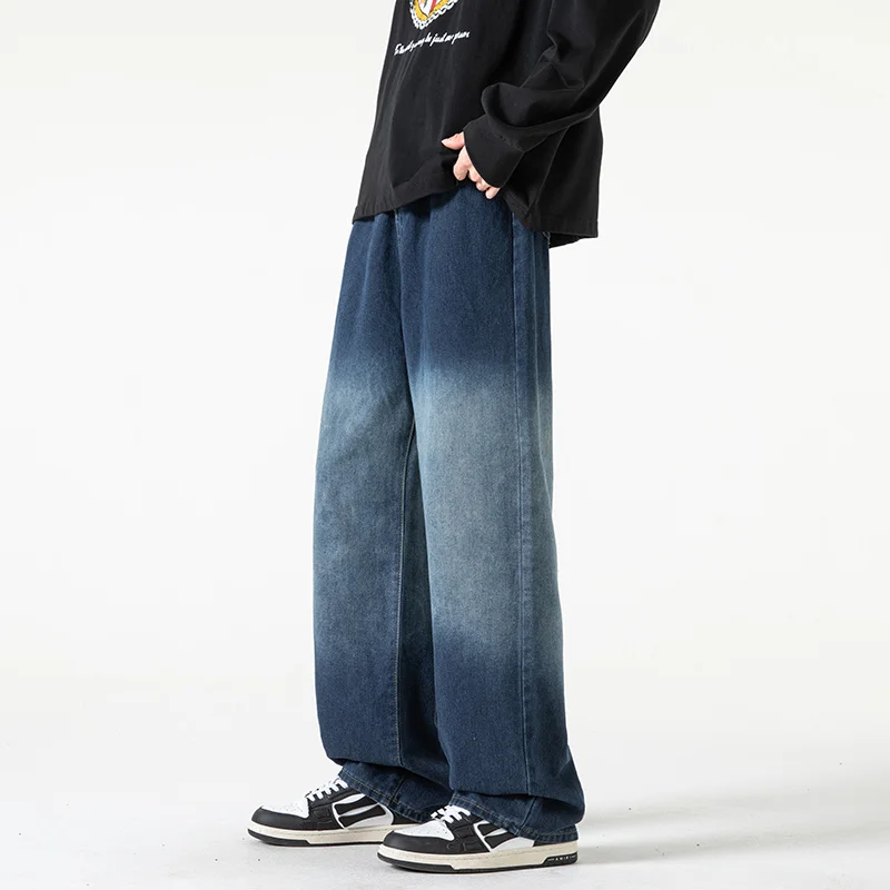 Blue Black Baggy Jeans Men Fashion Retro Gradient Jeans Men Japanese Streetwear Hip-hop Loose Straight Denim Pants Mens Trousers