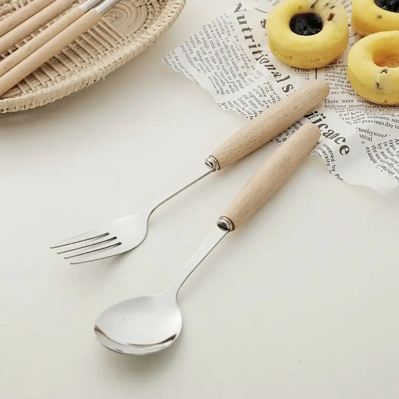 

Wooden Chopsticks Spoon Set Fork Student Single Stainless Steel Portable Tableware Three-piece Set Spoon Set Cutlery Set