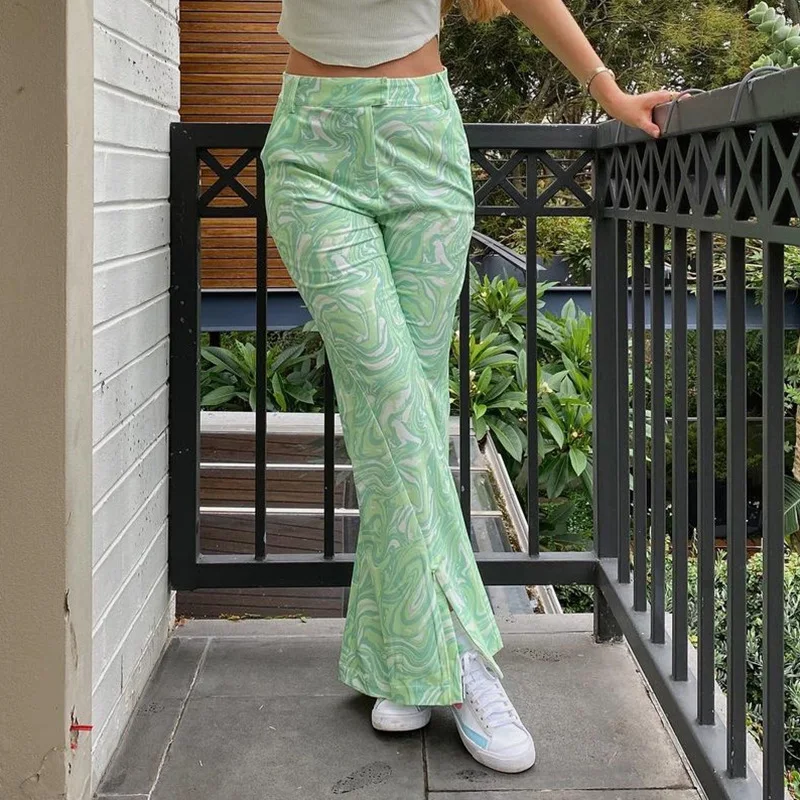 

2023 Y2K Women Spring High Waist Tie Dye Print Pants Green Summer Fashion Wide Leg 90s Trousers Zipper Vintage Oversize Harajuku