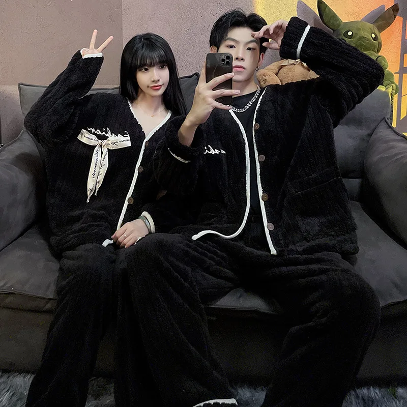 2022 Winter New Couple Home Clothes Women's Flannel Long-Sleeved Trousers Sleeping Wear Plus Velvet Thick Coral Fleece Pajamas