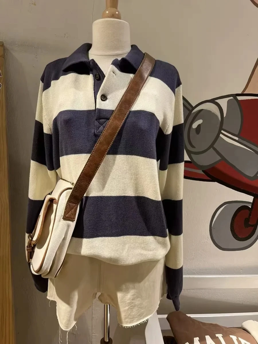 Brandy BM Новый американский поло-воротник в консервативном стиле полосатый свитер