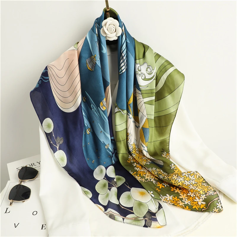 

Large Hijab Scarfs For Women Square Shawls Wraps Fashion Neck Scarves Female 90*90CM Floral Print Bandana Head Scarf For Ladies