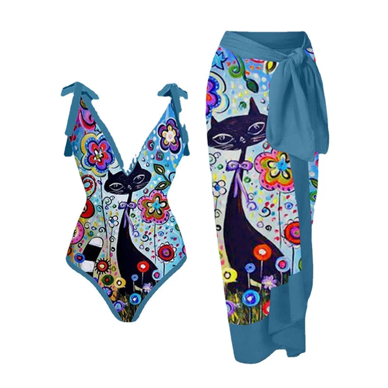 

V-Neck Swimsuit With Cover Up Set Bikini 2023 Women Feminino Beachwear Sexy Lingerie For Luxury Elegance Slim Fit Vintage Print