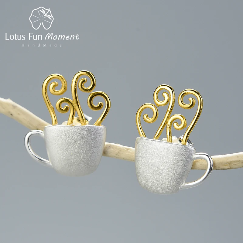 

Lotus Fun Moment Real 925 Sterling Silver Earrings Handmade Fine Jewelry Hot Coffee Cup Fashion Stud Earrings for Women Gift