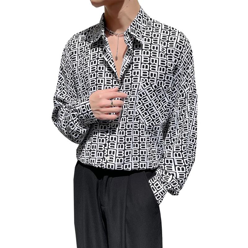 2022 Autumn Letter Printed Men Shirts  Long Sleeve Loose Casual Shirts Fashion Streetwear Personality Social Party Tuxedo Blouse