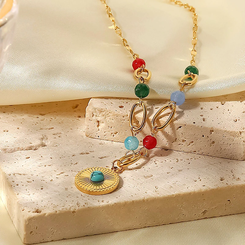

Women Party Stainless Steel Necklace Plated 18K Gold Chain Bohemia Round Female Pendant Jewelry Gift