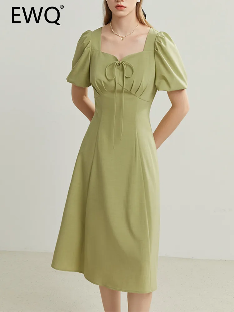 

Элегантные платья EWQ с высокой талией для женщин, однотонное дизайнерское платье с квадратным воротником и пышными рукавами на шнуровке, ве...