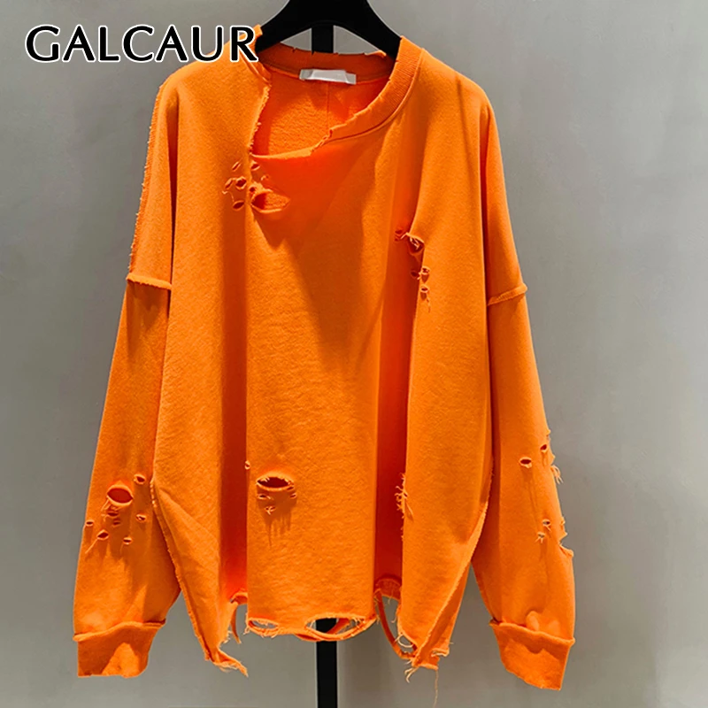 

GALCAUR Oversized Sweatshirt For Women O Neck Long Sleeve Hole Korean Pullovers Designer Sweatshirts Female 2020 Fashion Clothes
