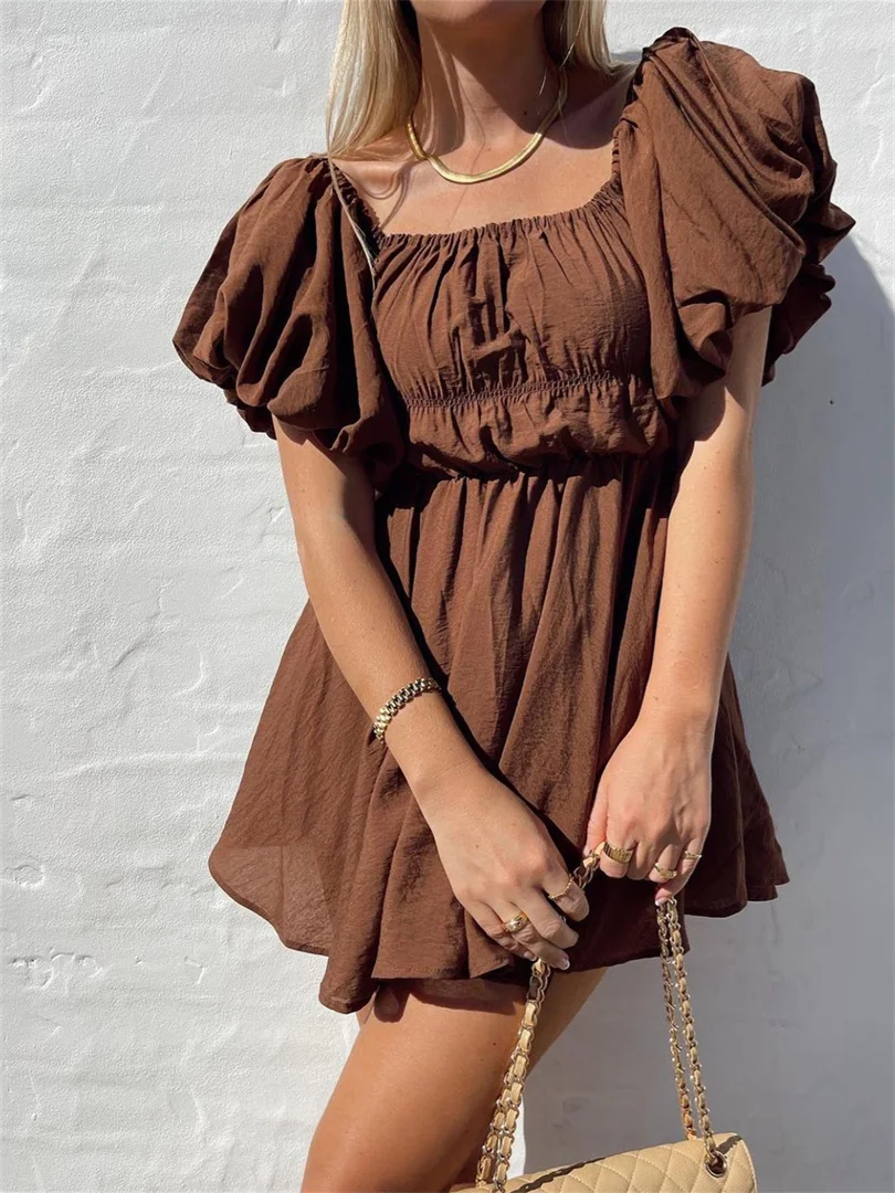 

wsevypo Elegant Short Puff Sleeve Off-shoulder Tunic Dress Boho Party Beach Dress Women Casual Summer Dress Solid Color A-Line