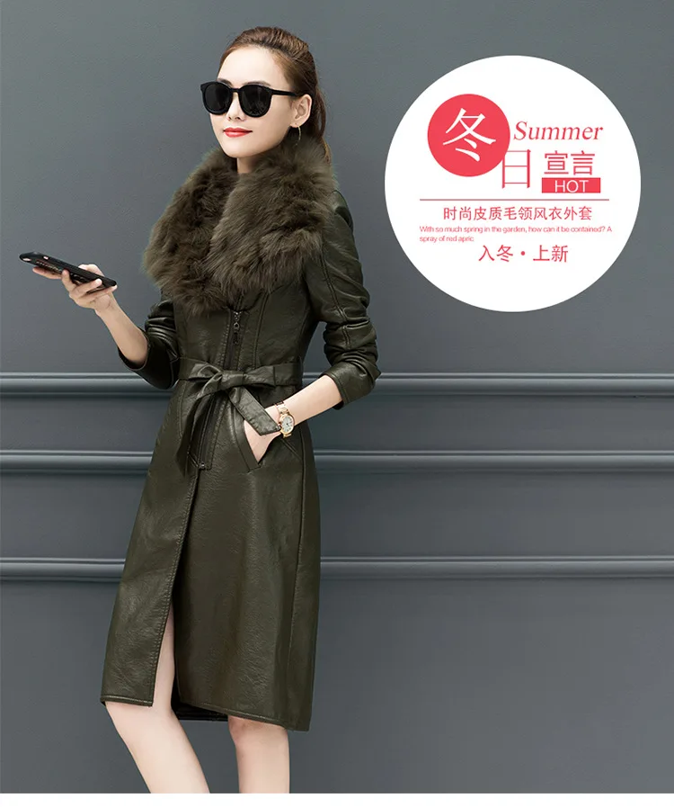 Winter Coat Plush Leather Coat Women's Medium Long Slim Leather Coat Thickened Warm Waist Wool Collar Skinny Lady Leather Coat