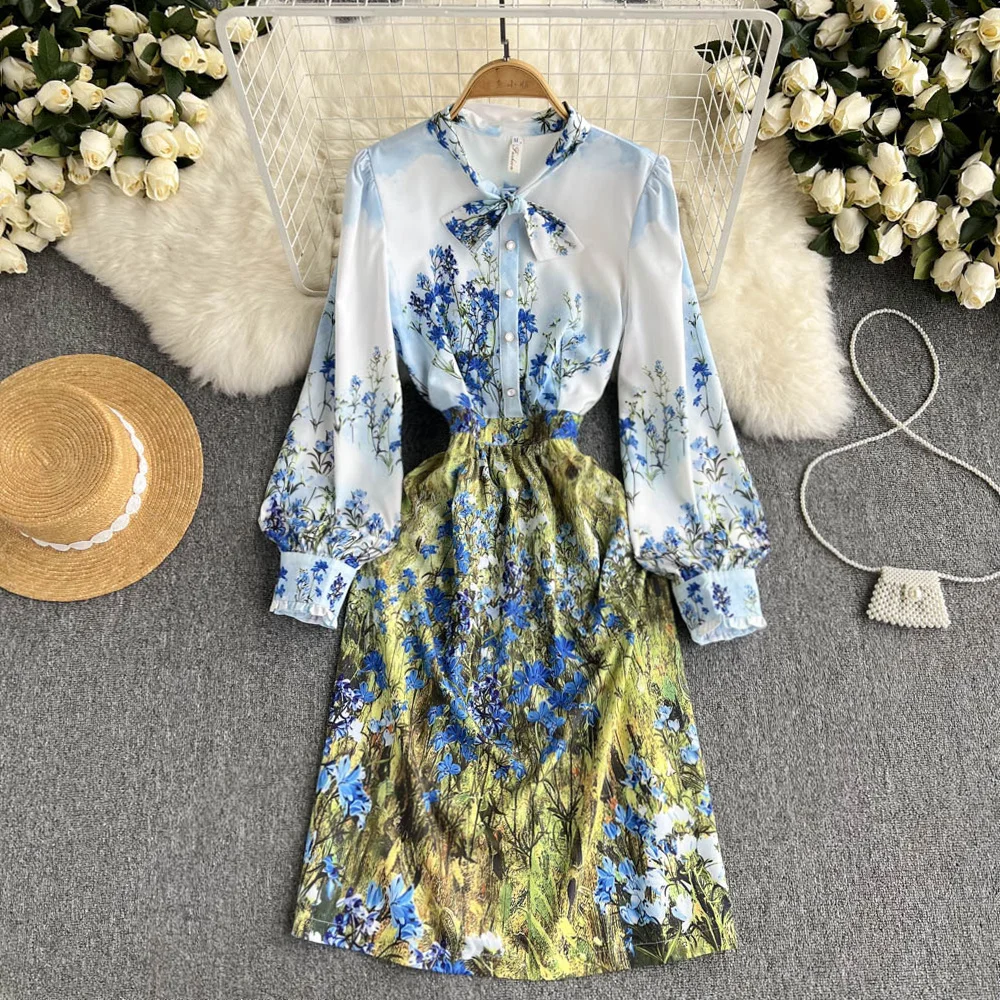 

Vintage Laces Bow Printed Dress Shirt Women Single Breasted Elegant Fashion Knee Length Autumn Dresses Lady