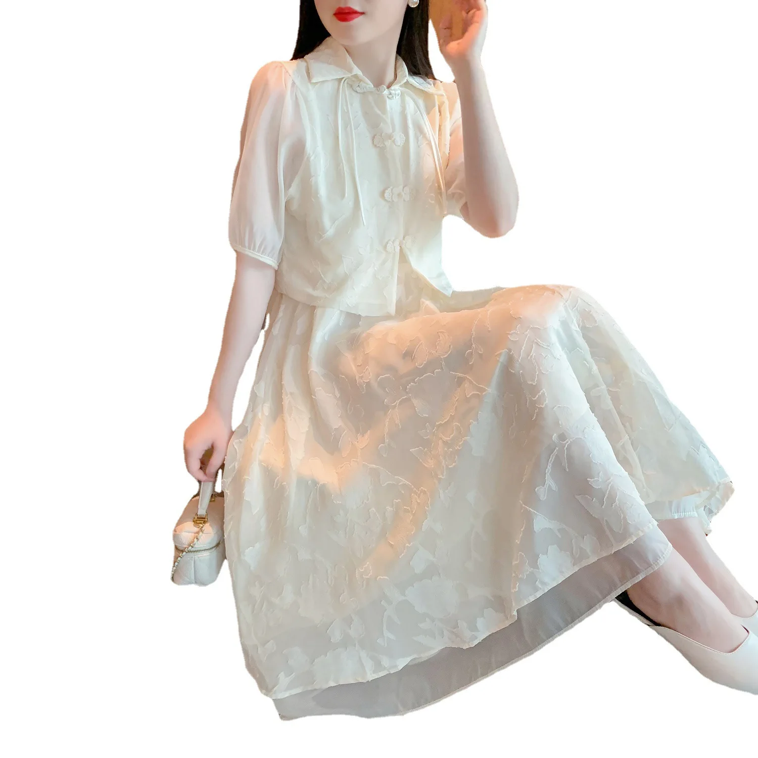 New Chinese-style improved cheongsam fairy dress Summer 2023 new doll collar bubble short sleeve lace dress