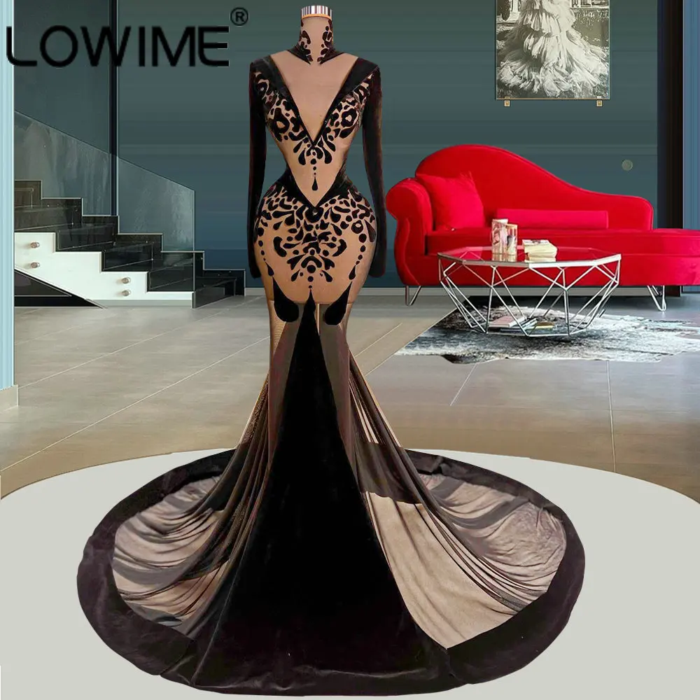 

Vintage Black Sexy Illusion Splicing Velvet Evening Dresses High Neck Long Sleeves Middle East Muslim Prom Gowns Wedding Party