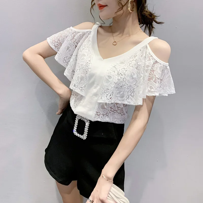 Лето 2023 новая сексуальная кружевная футболка с v-образным вырезом женская