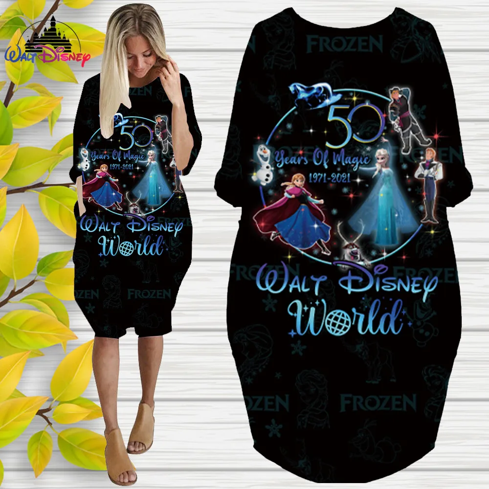 

Frozen Disney's 50th Anniver 3D High Quality Printing Girl Trend Wild Loose Long Sleeve Over The Knee Dress Womens