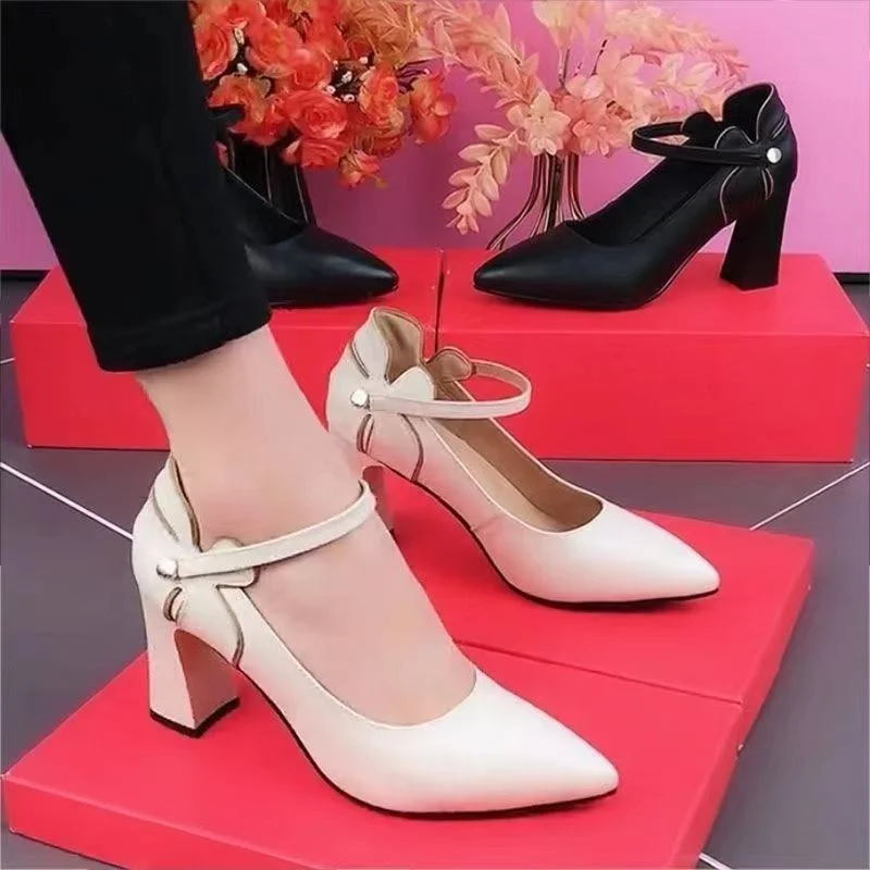 Thick Heel Solid Color Simple Large Leather Shoes for Women 2023 New Pointy Spring and Autumn One-button Women's Shoes