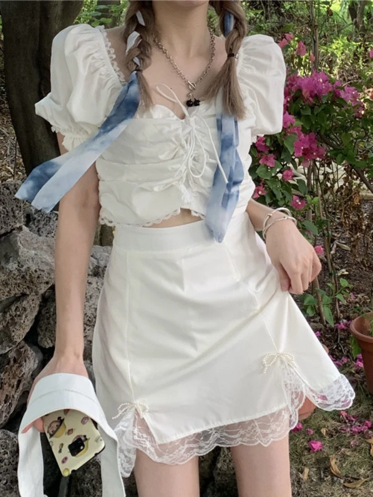 

Summer Lace Suit Bow Sweet Women Korean Fashion Shirring Cute Mini Skirt Set Two Piece Set Female Puff Sleeve Slim Party Suits