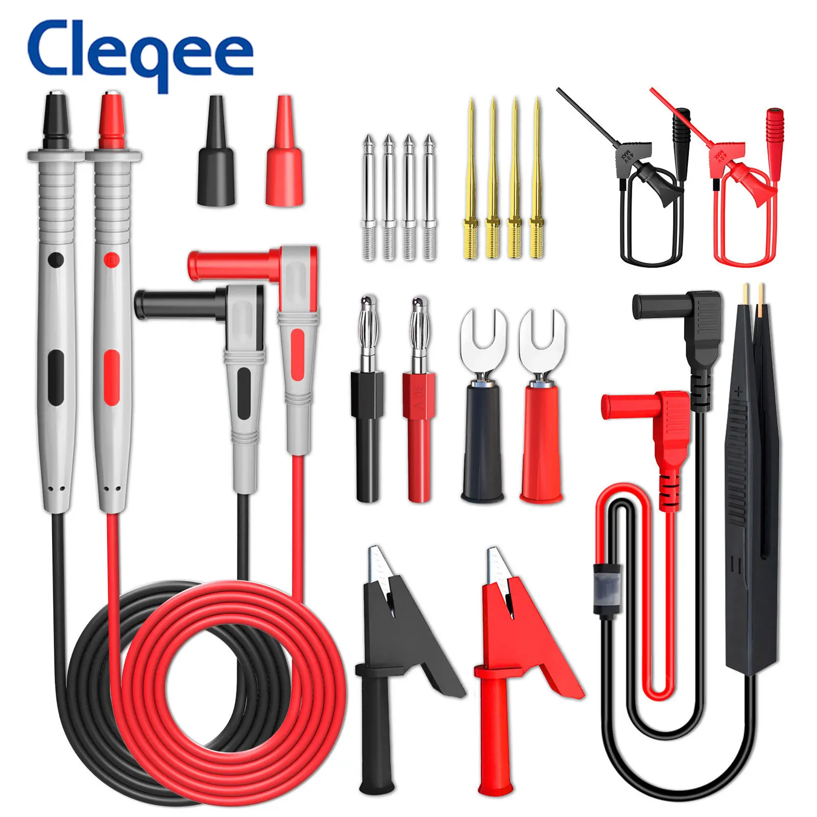 

Cleqee P1503E Multimeter Probes Test Leads Kit with Tweezers To 4mm Banana Plugs Replaceable Needles Alligator Clips Spade Plugs