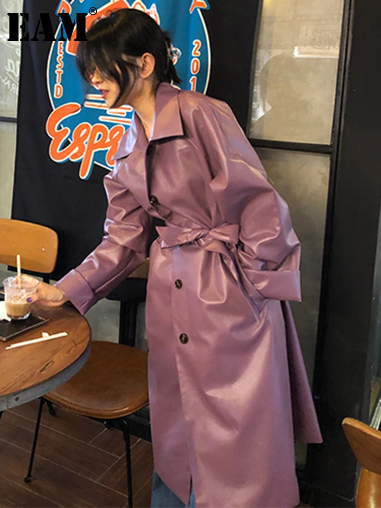 

[EAM] Women Purple Pu Leather Big Size Long Trench New Lapel Long Sleeve Windbreaker Fashion Tide Spring Autumn 2022 1DF2138