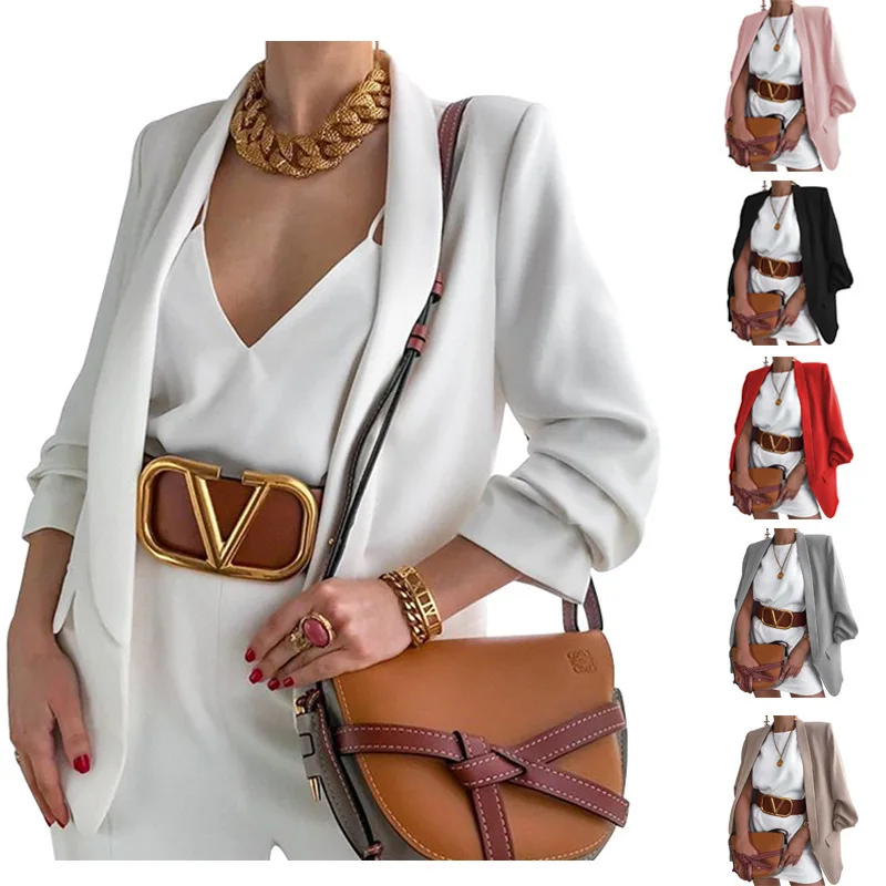 

2022 New Women's Spring Clothing Cardigan Coat Multi-Color Fashion Polo Collar Slim-Fit Cardigan Small Suit White Blazer Women