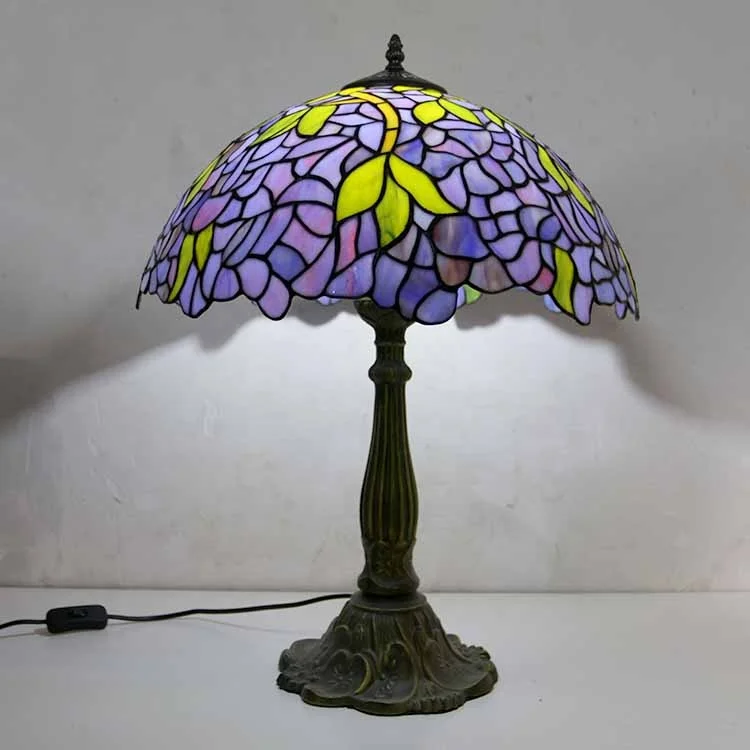 

LongHuiJing 16Inch Tiffany Table Lamps Wisteria Stained Glass Lampshade Antique Art Style Desk Lamp With Lotus Metal Base