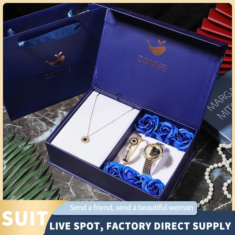 Lover's Gift Box Set Fashion Women's Quartz Watches Diamond Watch Dial+Bracelet+Necklace Stainless Steel Jewelry Gift Set 3Pcs