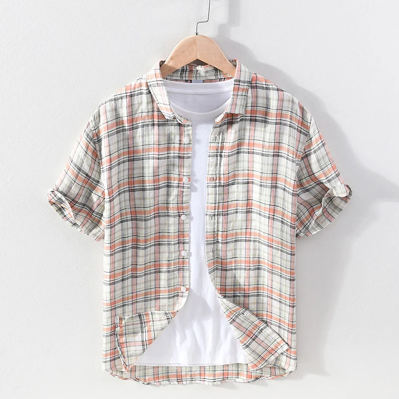 

100% Pure Linen Short Sleeve Shirt for Men Summer New Turn-down Collar Tops Mens Fashion Clothing Trends Plaid Hemp Shirt