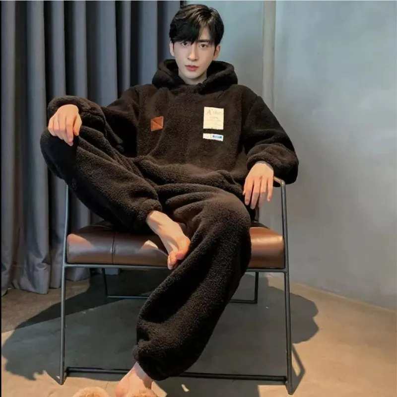 Men's Pajama Suit 2022 Winter Fashion High-end Hooded Warm Flannel Sleepwear Homewear Male Loose Pijamas Trousers Two-piece Set